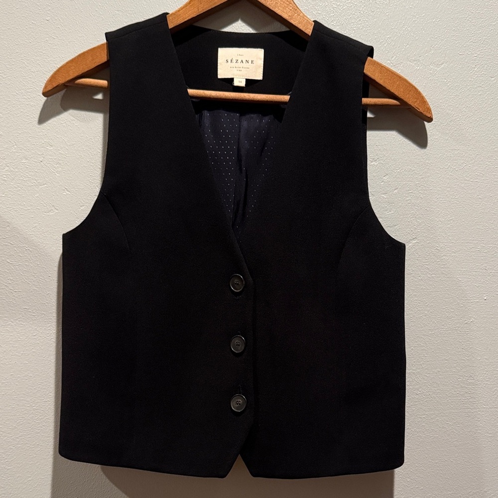 Sézane Vassili Jacket Black Tailored Vest Recycled Polyester Button Down Top